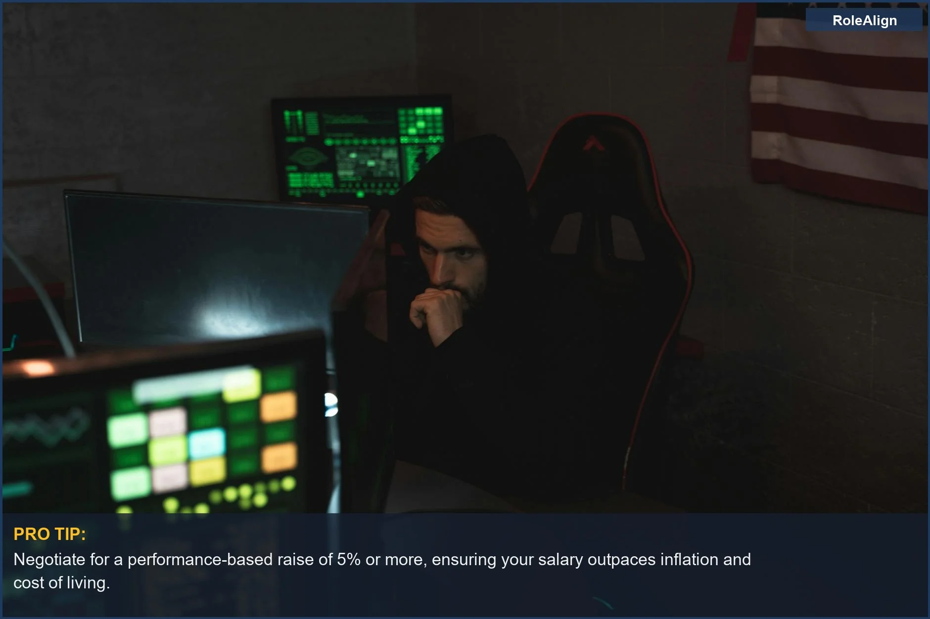 Cybersecurity expert monitoring multiple screens, emphasizing the need for financial security beyond a basic COLA raise in tech roles.