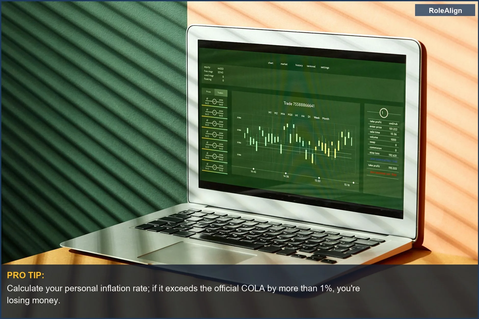 Laptop displaying stock market data with dramatic shadows, symbolizing the fluctuating financial landscape impacted by cost of living not real raise.