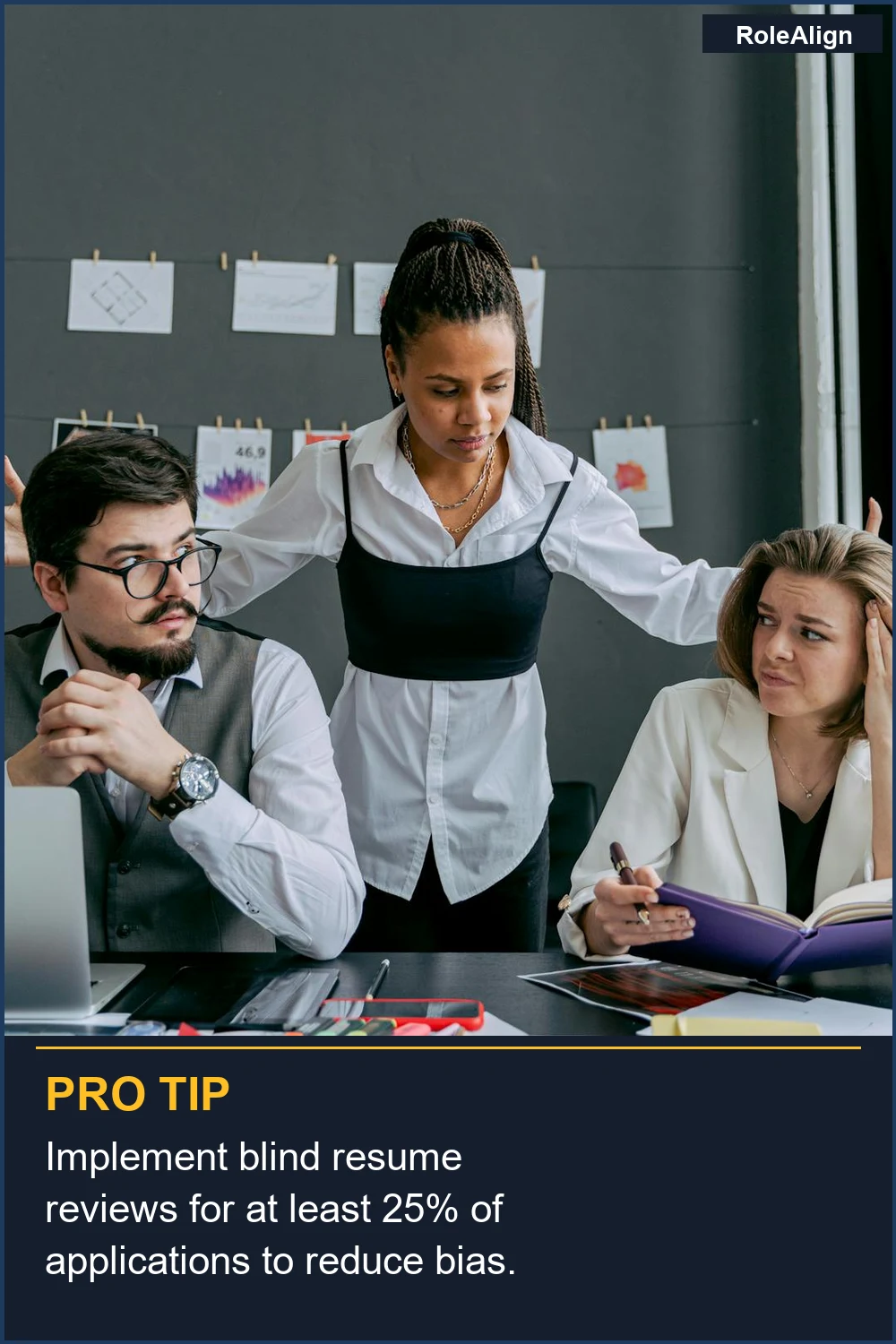 Implement blind resume reviews for at least 25% of applications to reduce bias.