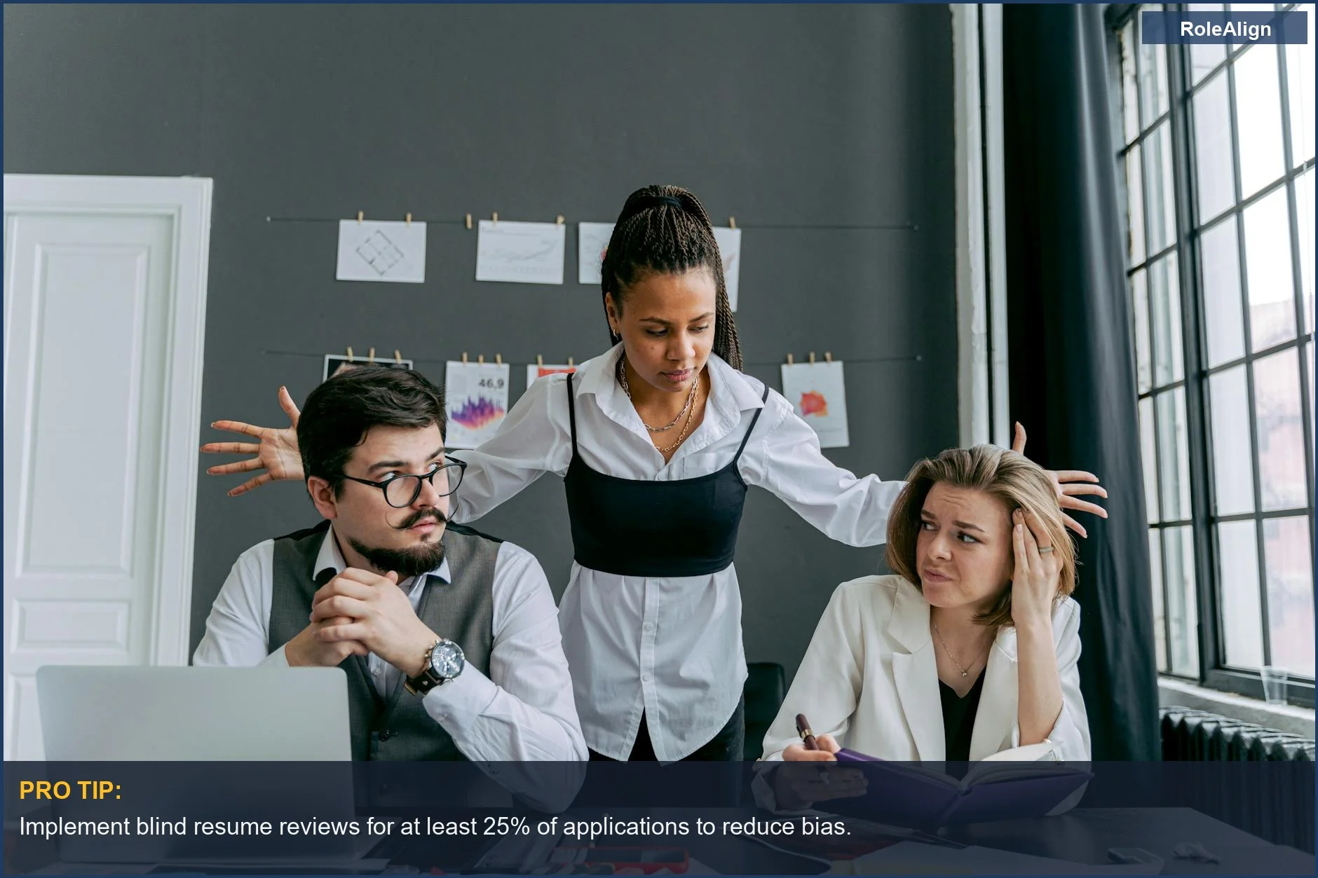 Diverse employees in conflict at office, showing frustration and gesturing in DEI hiring.