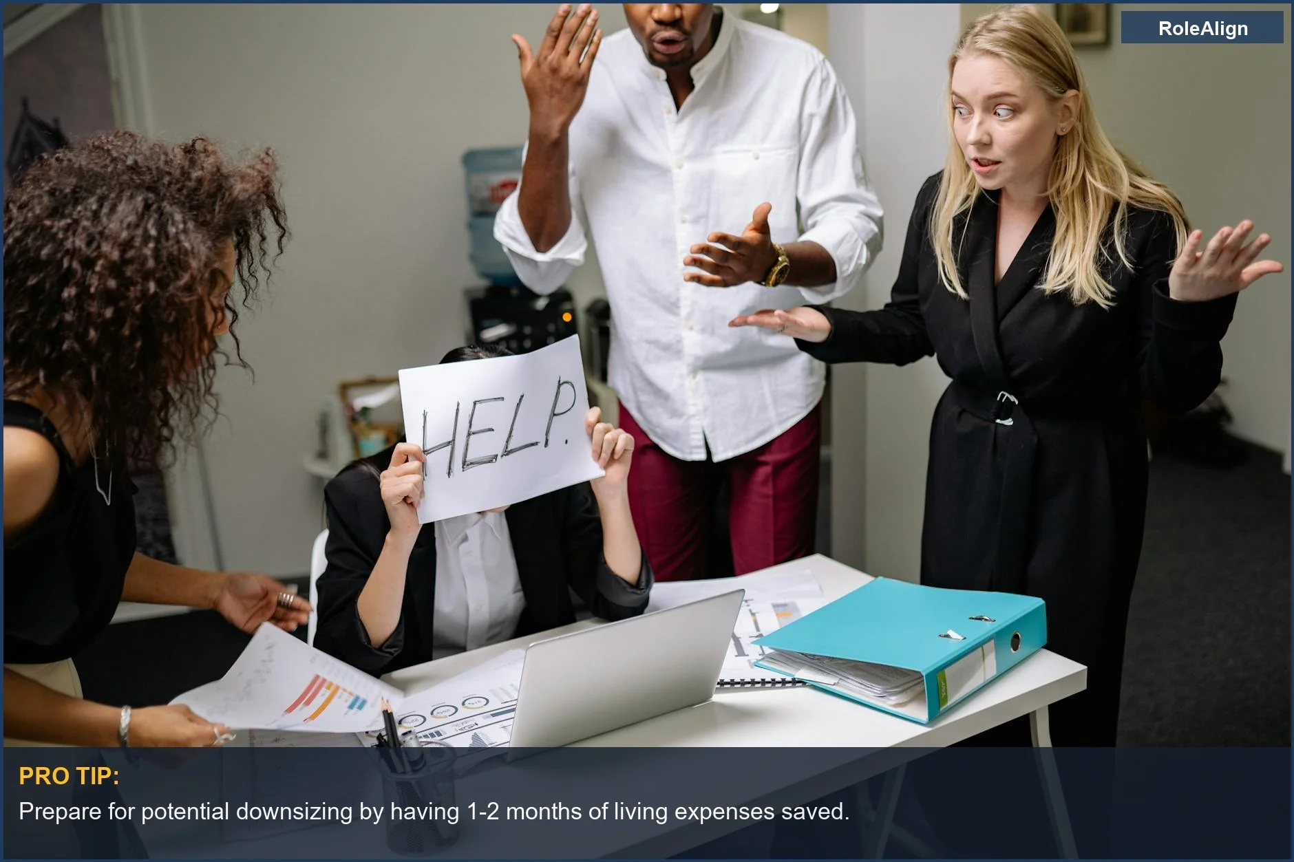 Employees in heated debate, one holding a 'HELP' sign, showing HR protects company in layoffs.