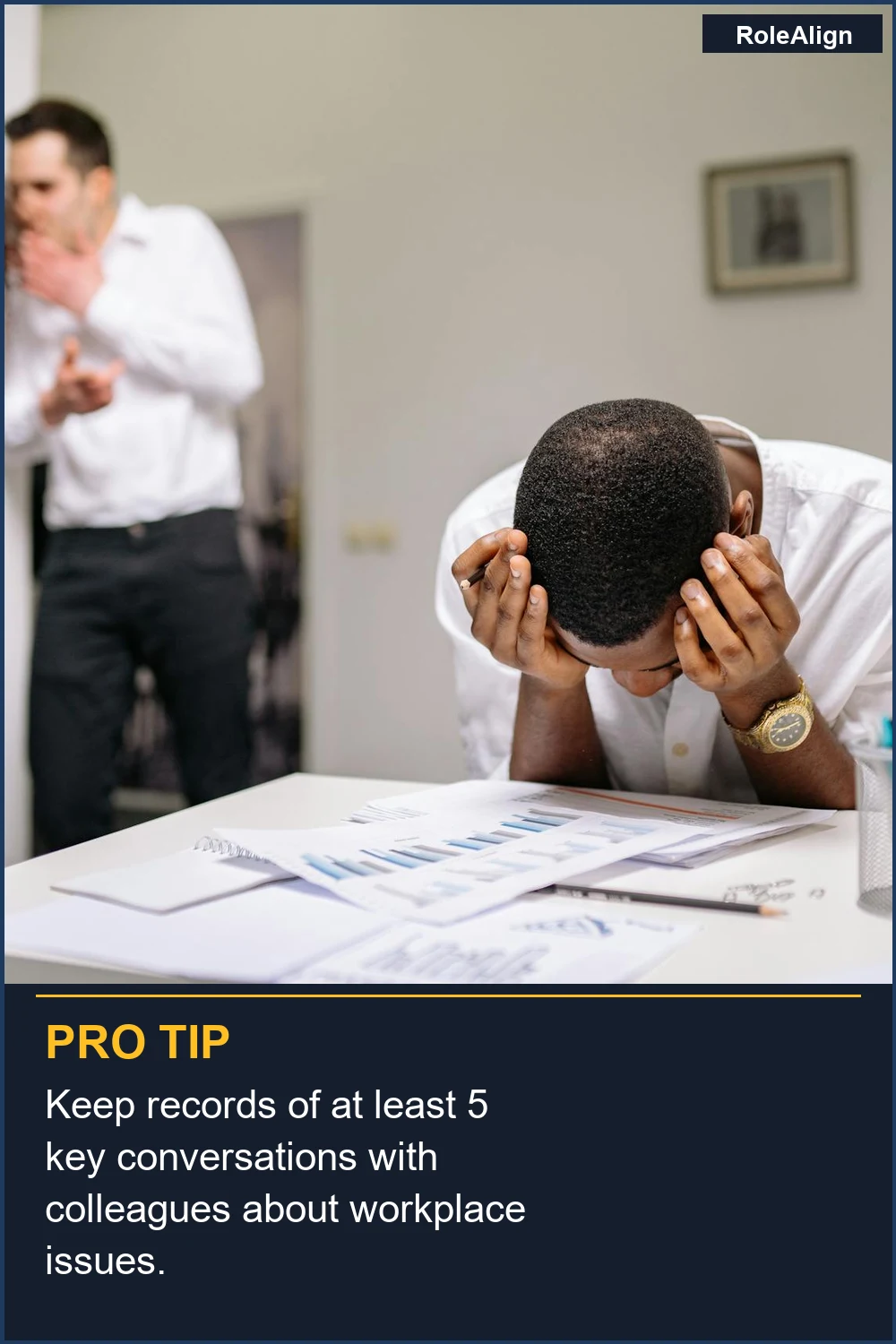 Mantén registros de al menos 5 conversaciones clave con colegas sobre problemas en el lugar de trabajo.