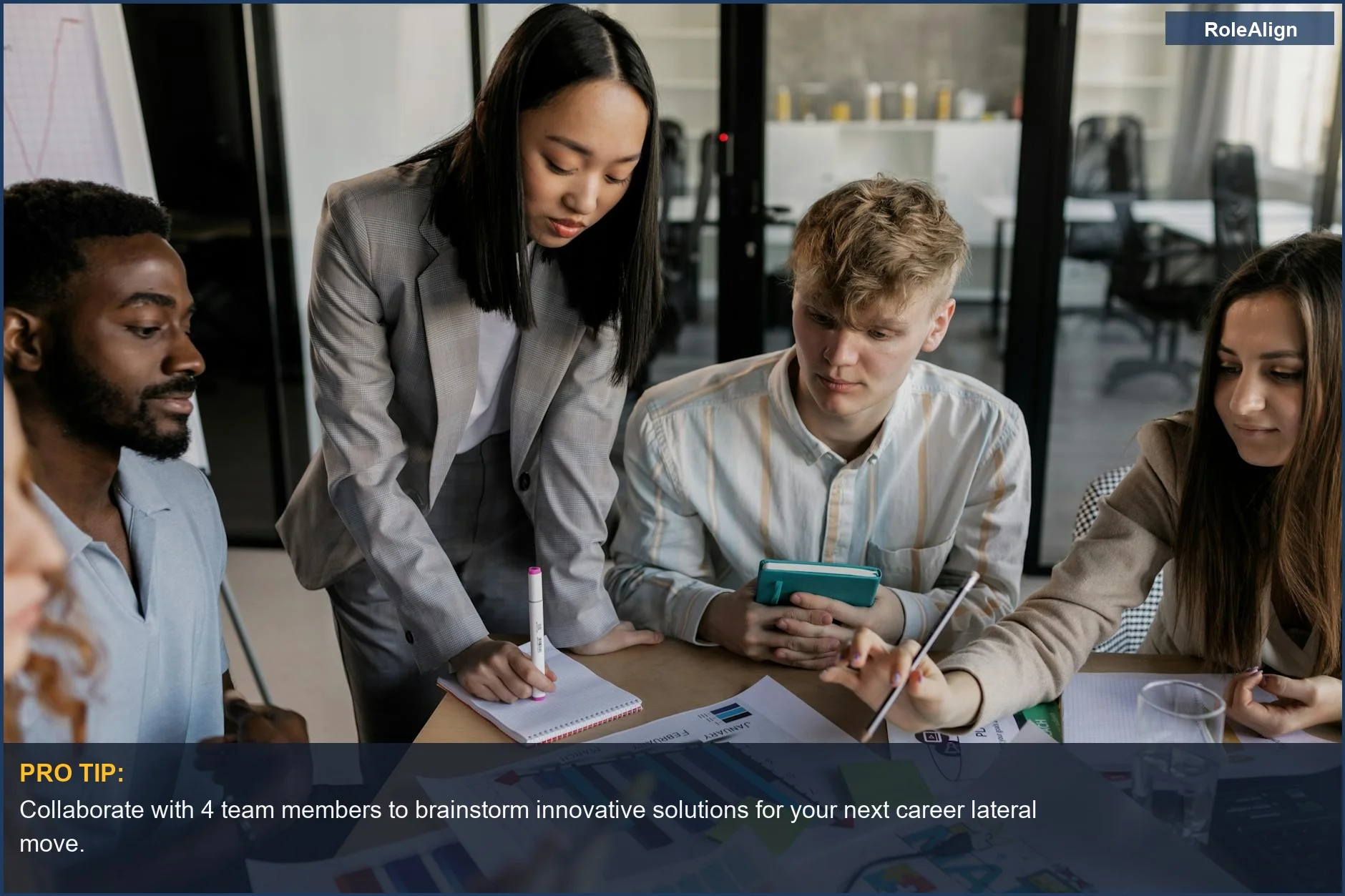 Diverse young professionals in strategic planning meeting, demonstrating teamwork and collaboration for career growth.