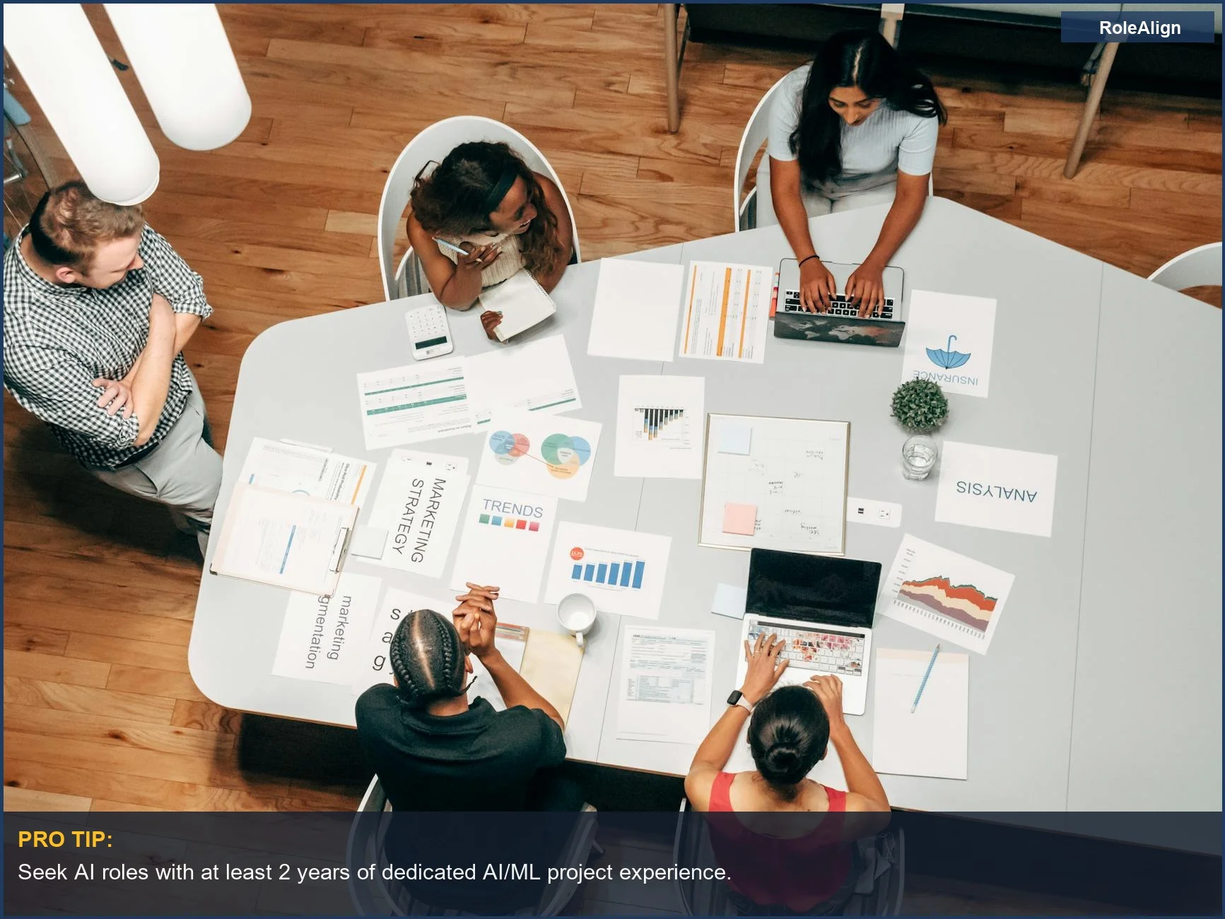 Diverse group collaborating on marketing strategies, demonstrating the 'AI everything' engineer role inflation.