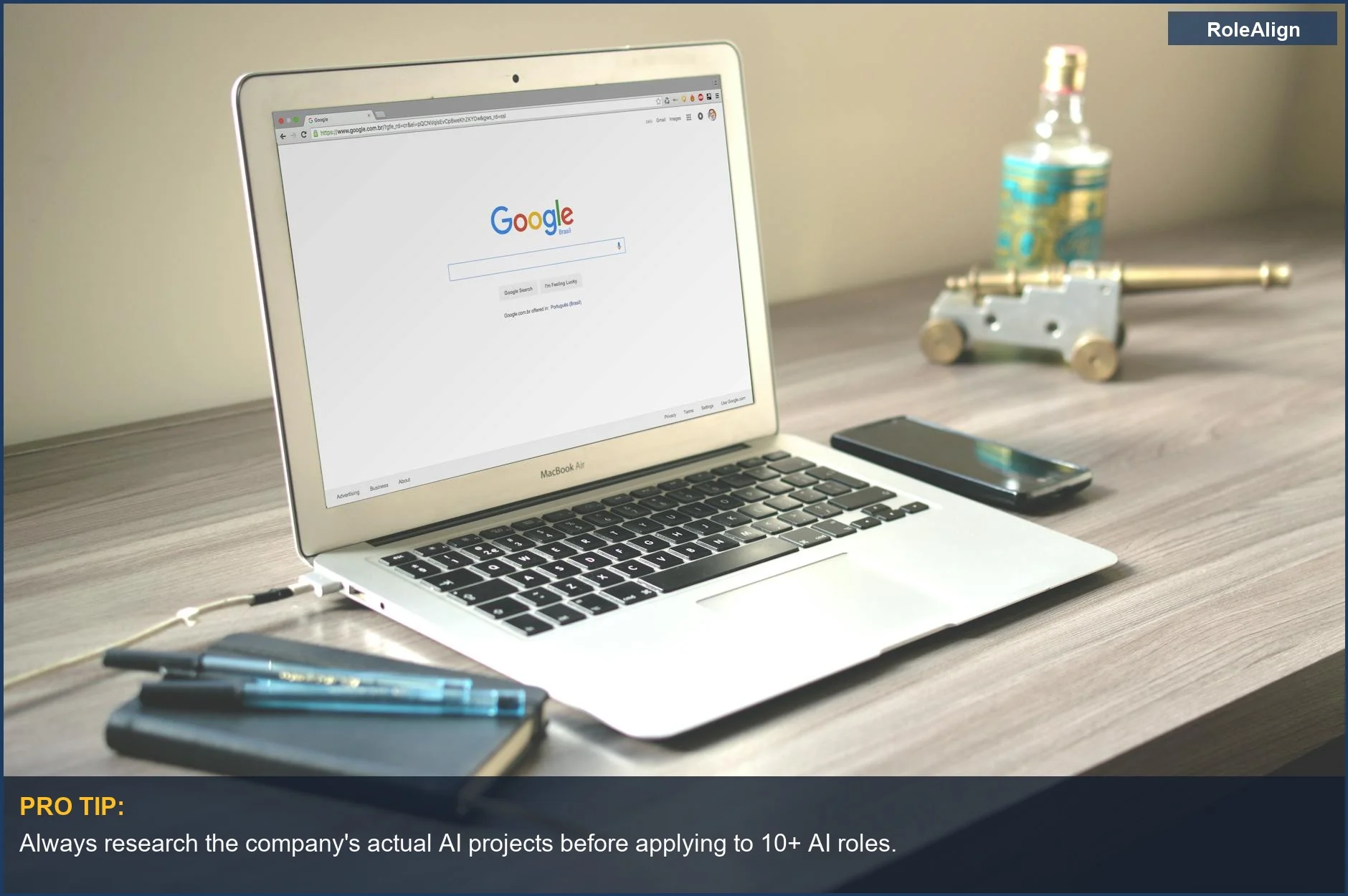 Neat workspace with laptop displaying Google search, showing how to scrutinize AI job titles.