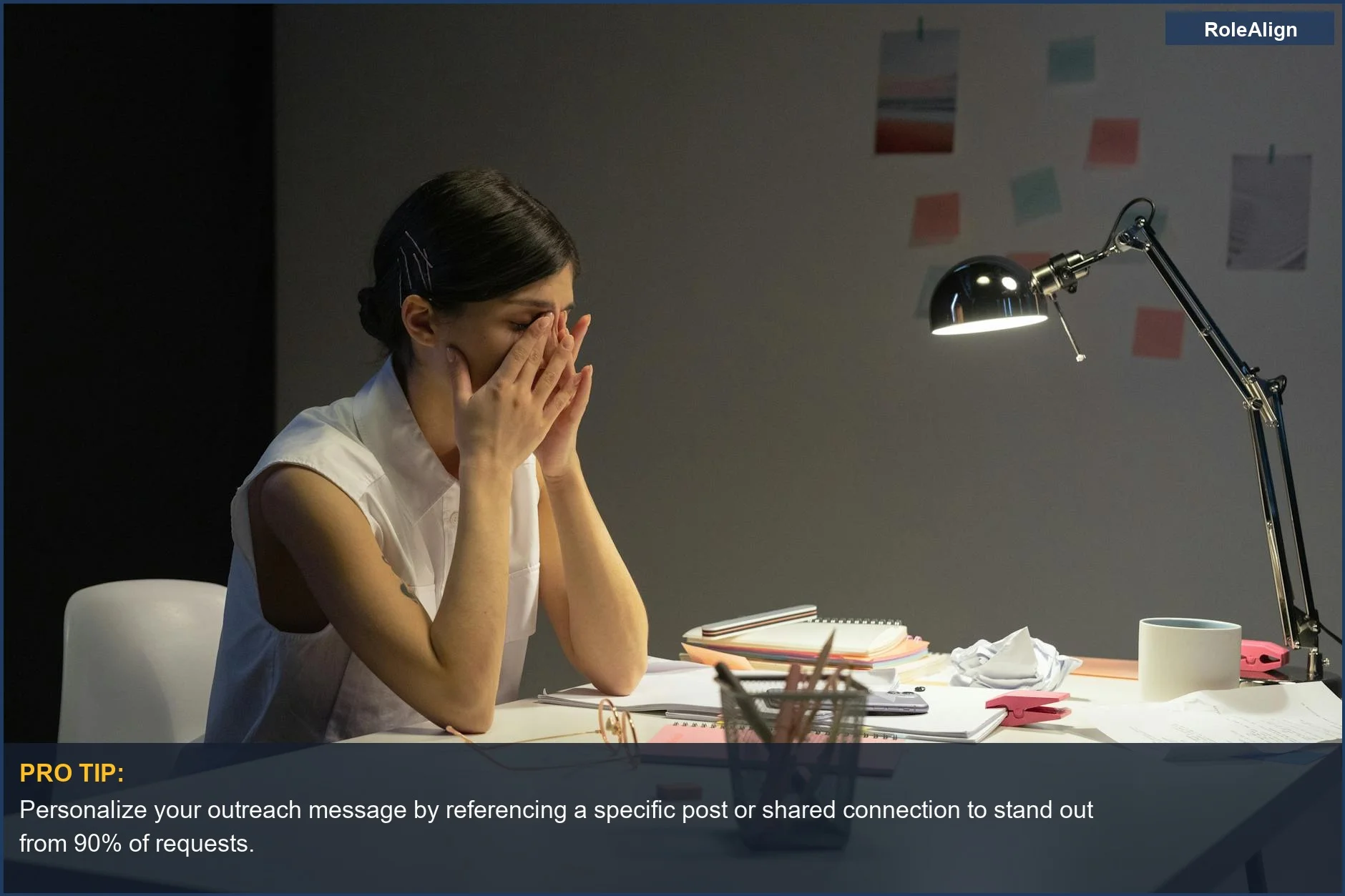 Stressed businesswoman rubbing eyes at cluttered desk, representing LinkedIn outreach mistakes.