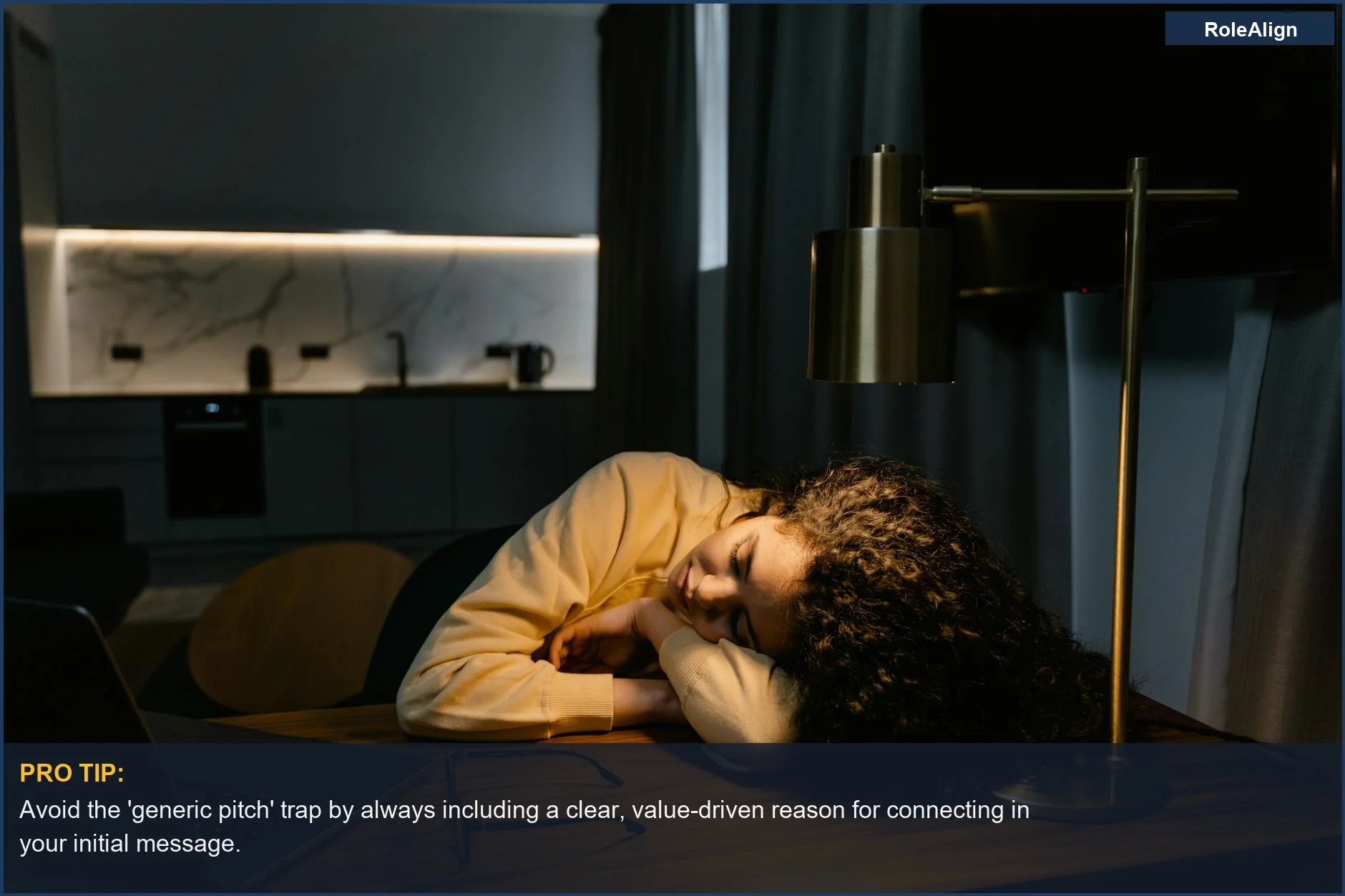 Tired woman asleep at desk with laptop, illustrating the 'generic pitch' trap in LinkedIn networking strategy.