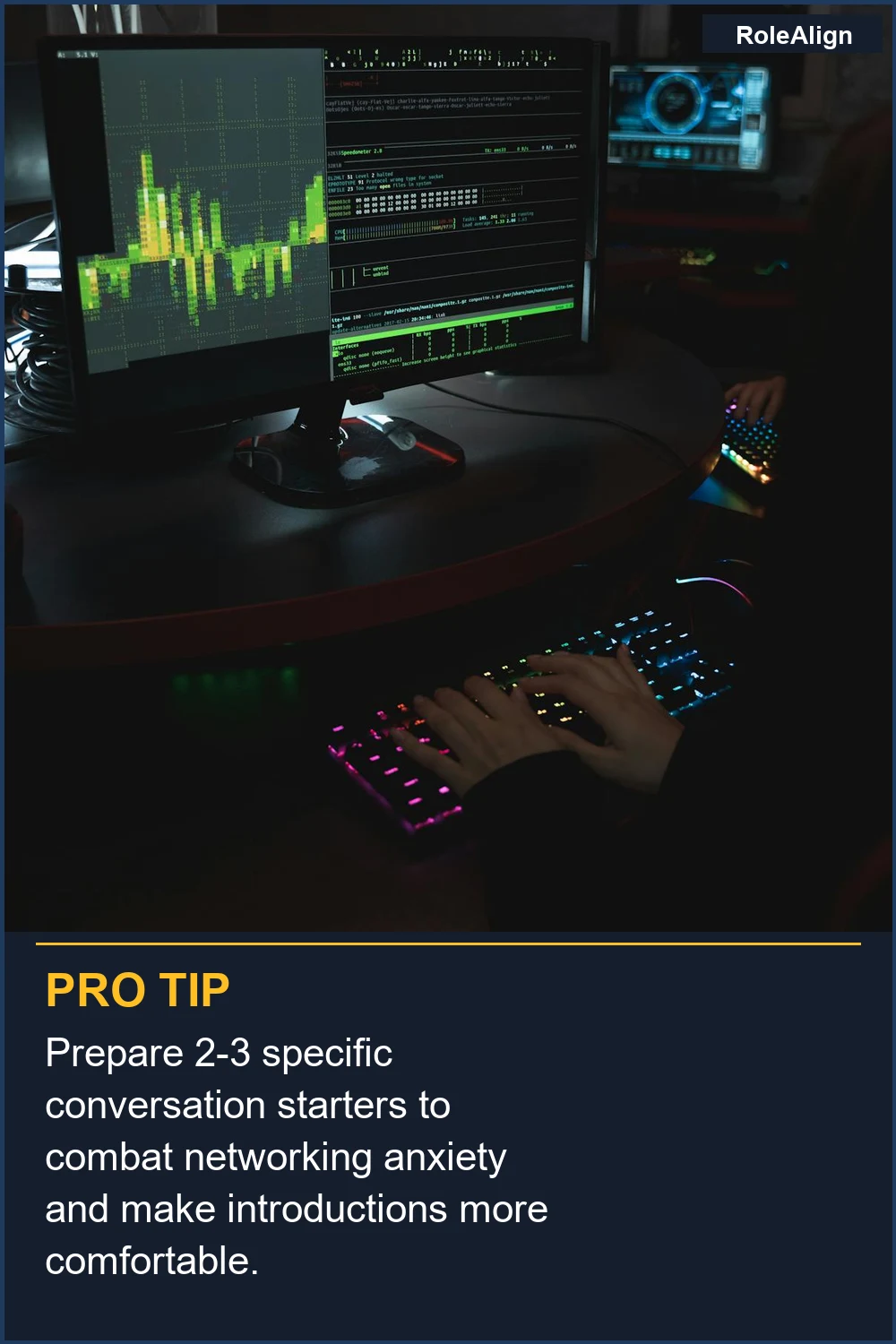 Prepare 2-3 specific conversation starters to combat networking anxiety and make introductions more comfortable.