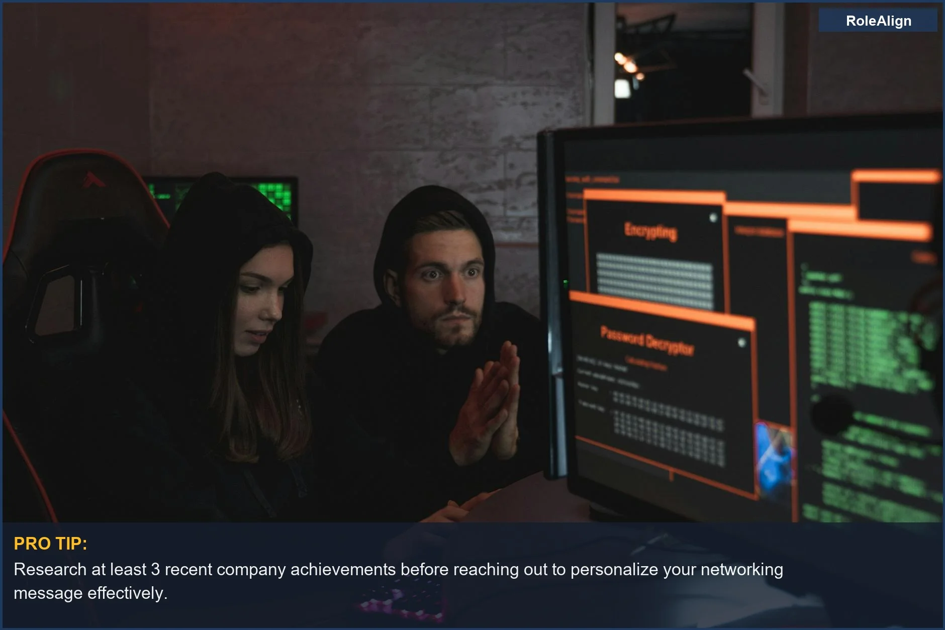 Cybersecurity experts analyzing encrypted data, demonstrating the importance of targeted research in professional networking strategies.