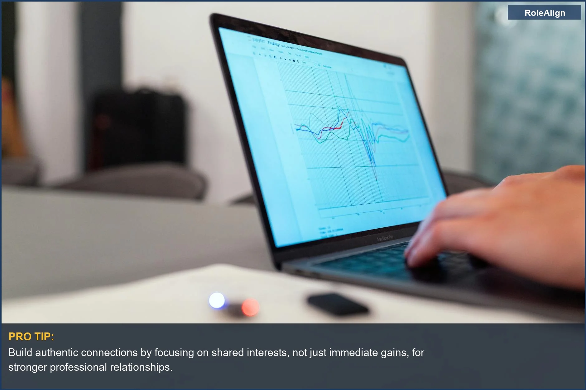 Professional analyzing complex data graphs on a laptop, illustrating the need for genuine networking over transactional tactics.