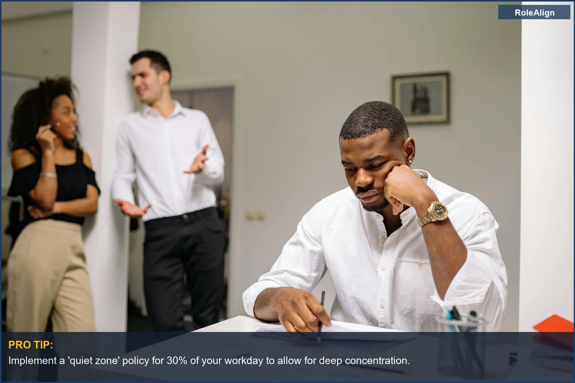 Stressed businessman surrounded by colleagues, illustrating the negative impact of open office plan problems on employee well-being.