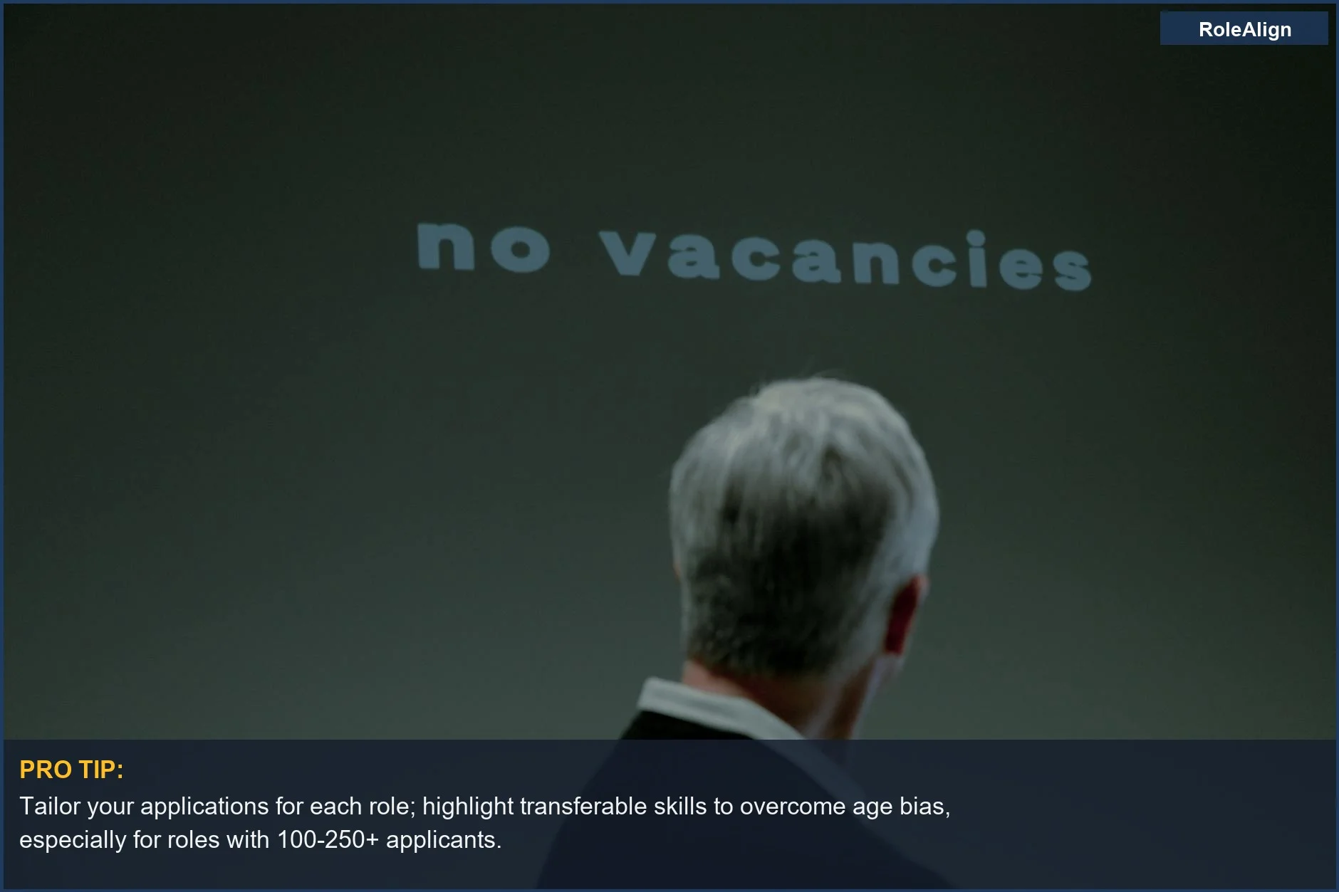 Senior man facing a 'No Vacancies' sign, showing ageism and job search challenges in 2026.