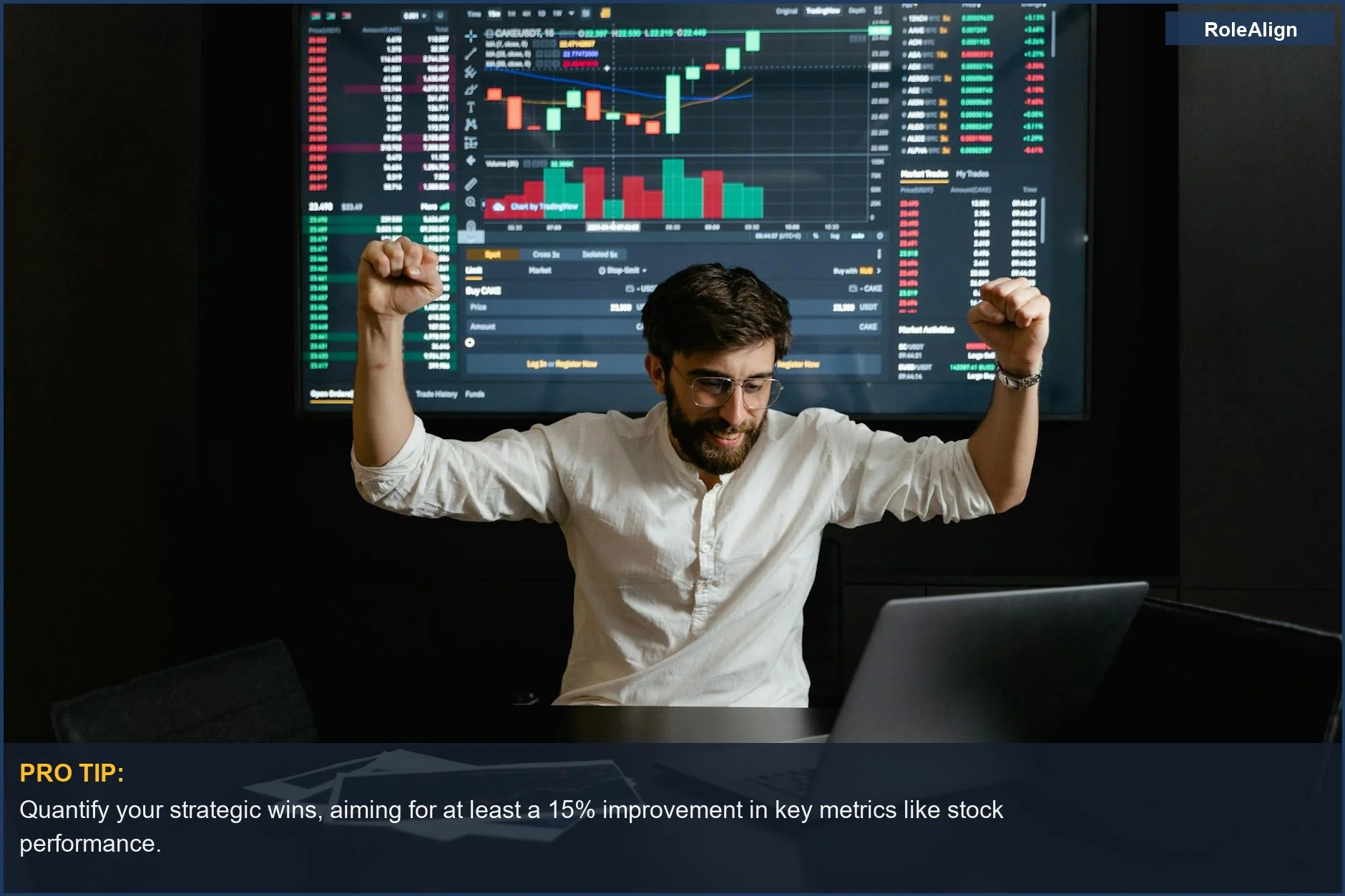 Businessman excited about stock market success, demonstrating the impact of strategic wins on career progression.