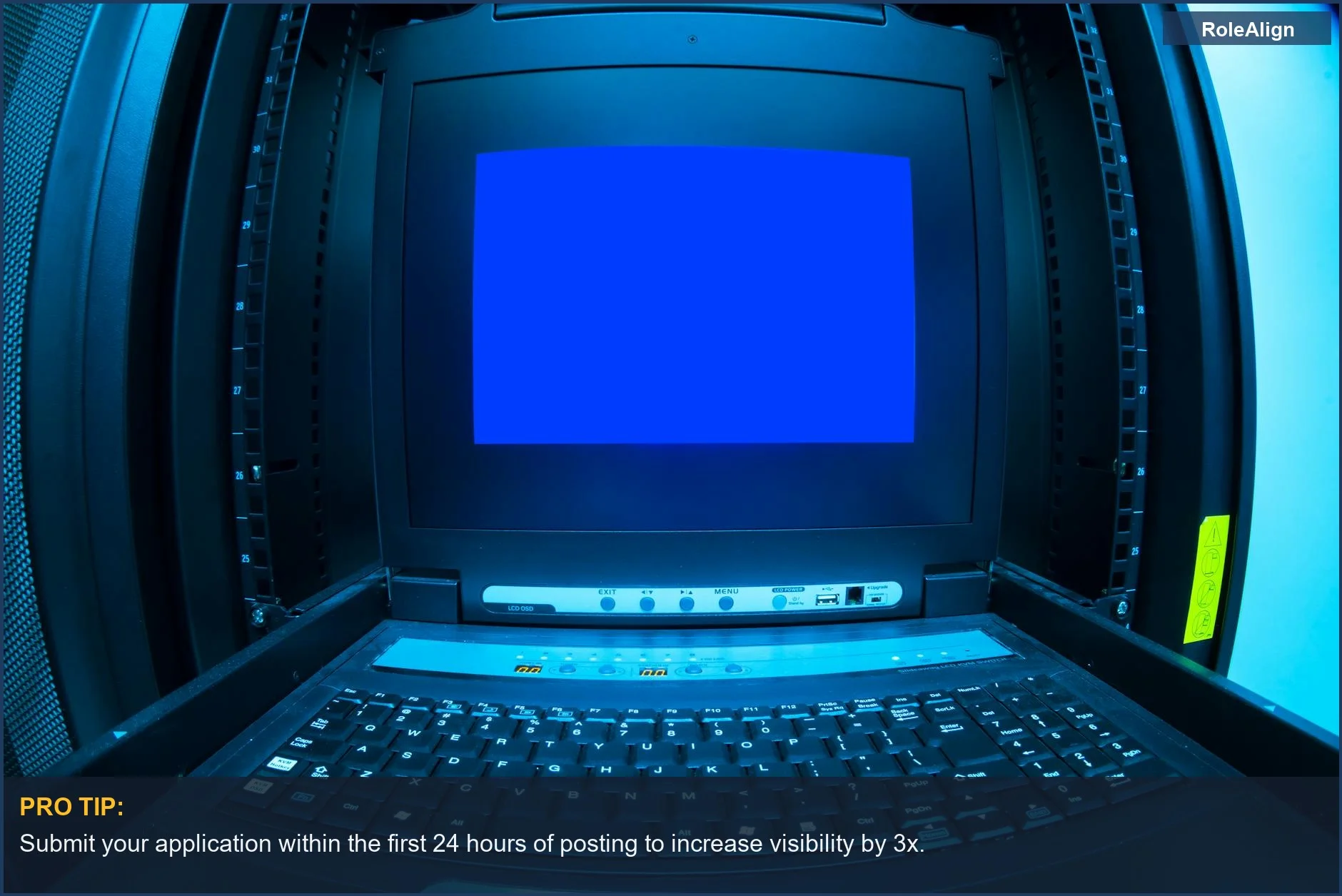Blue screen error on a data center terminal, illustrating a resume disappearing into the system.