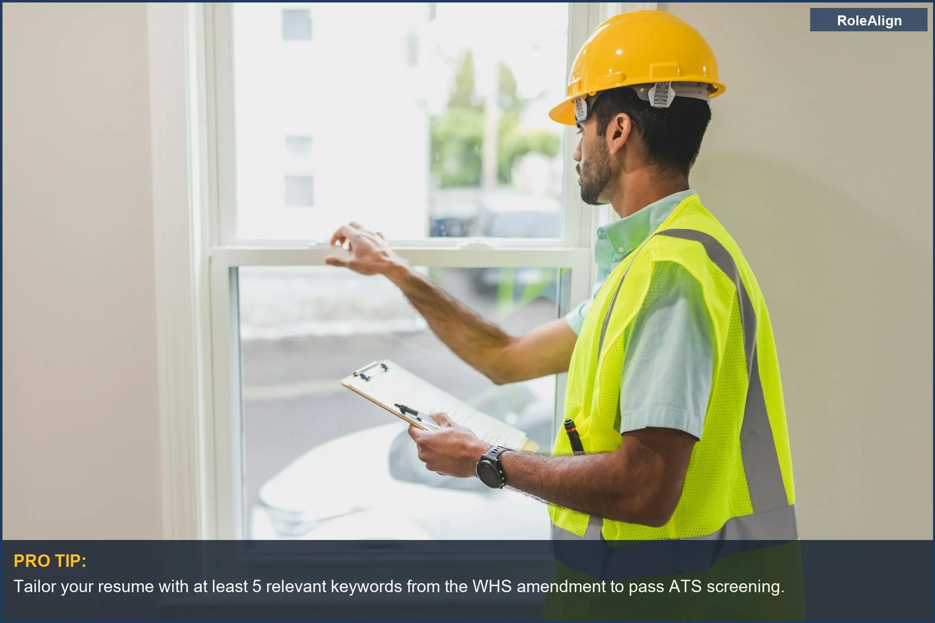 Recruiter reviews resume with clipboard, emphasizing keyword importance for work health and safety amendment compliance in job applications.