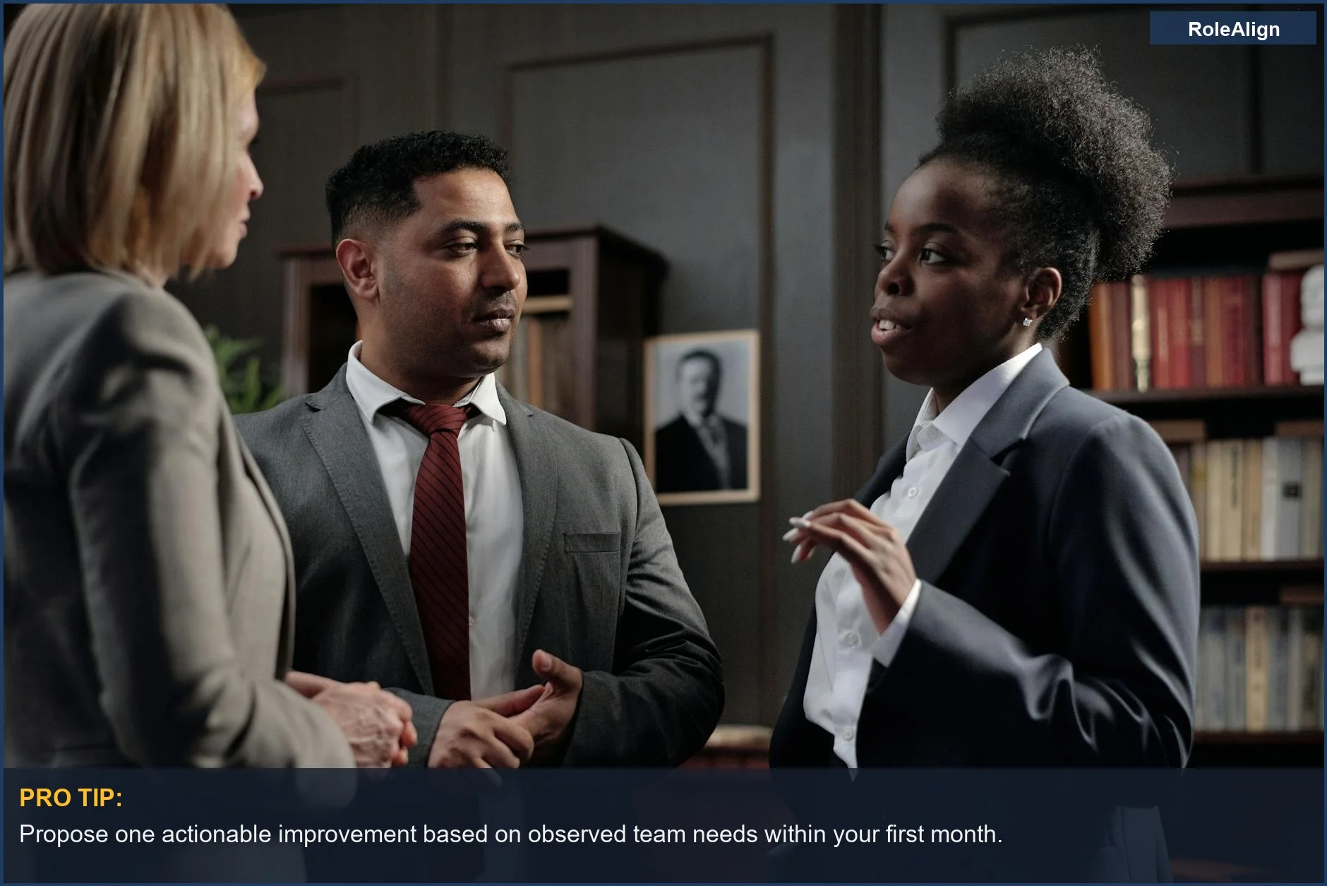 Diverse professionals discussing in an office, emphasizing teamwork and a thriving workplace culture.